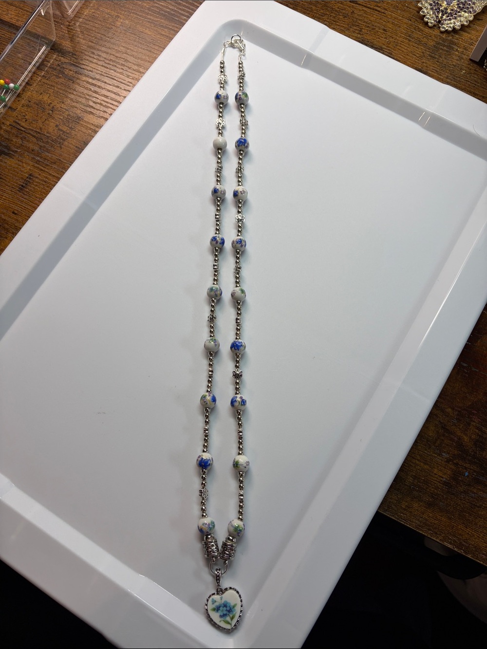 Blue Floral Heart Pendant Necklace - Women Jewelry